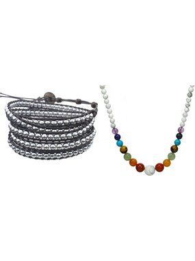 5 Wrap Hematite Bracelet & 7 Chakra White Turquoise Healing Necklace